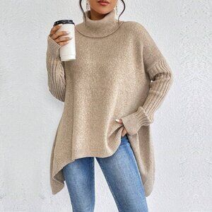 2/$30 SHEIN LUNE Turtleneck Drop Shoulder Asymmetrical Hem Sweater Khaki #8991